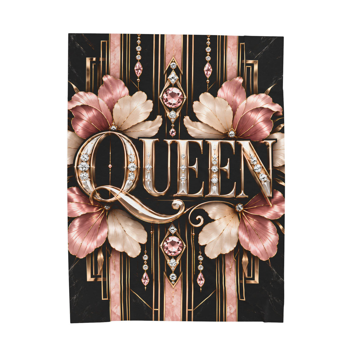A rectangular decorative print or poster featuring the word "QUEEN" in large ornate gold letters, surrounded by pink and cream floral motifs and vertical Art Deco-style lines on a black background, shown against a plain white studio backdrop.