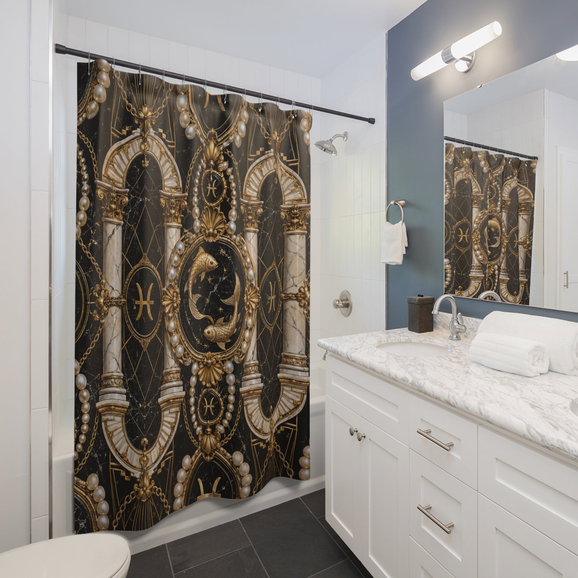 Bathroom with ornate shower curtain and white vanity