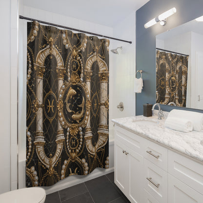 Bathroom with ornate shower curtain and white vanity