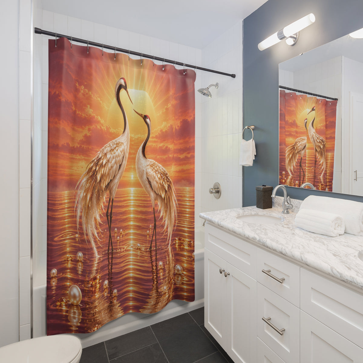 Crane Sunset Romantic Golden Beach —Shower Curtain Wildlife Decor