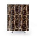 Decorative shower curtain with intricate patterns and Scorpio Zodiac symbols on a white background