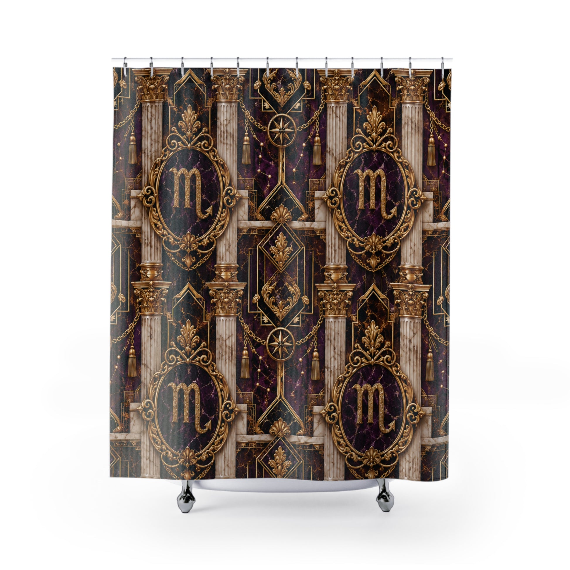 Decorative shower curtain with intricate patterns and Scorpio Zodiac symbols on a white background