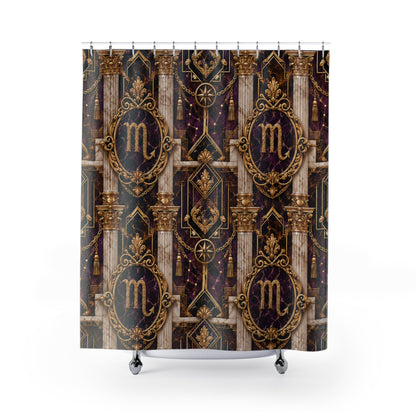 Decorative shower curtain with intricate patterns and Scorpio Zodiac symbols on a white background
