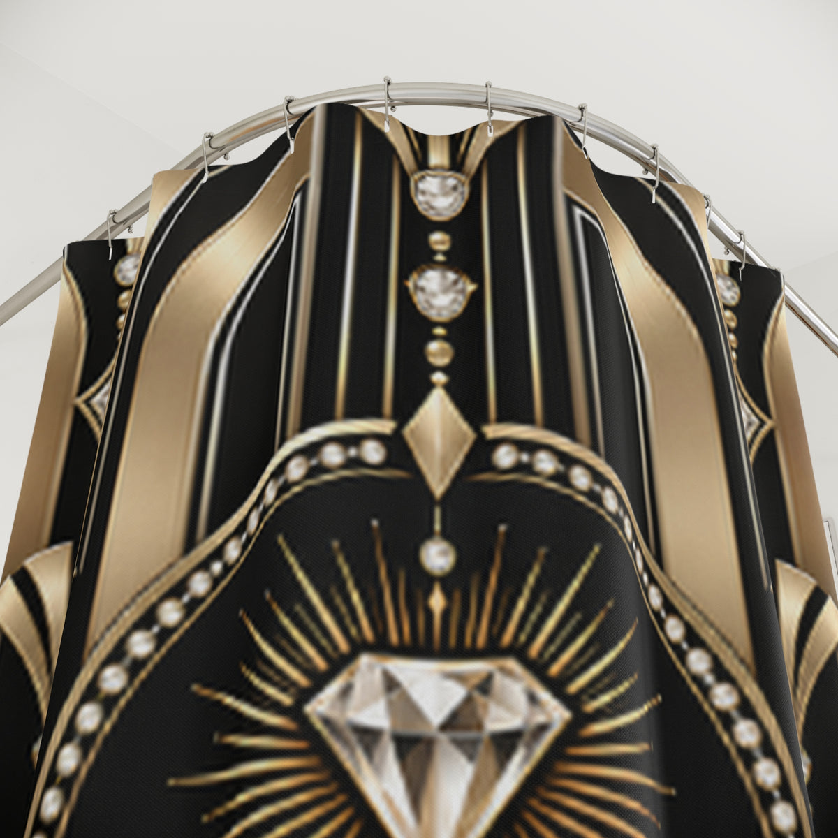 Queen Diamond Art Deco Shower Curtain — Luxury Black & Gold Bathroom Decor