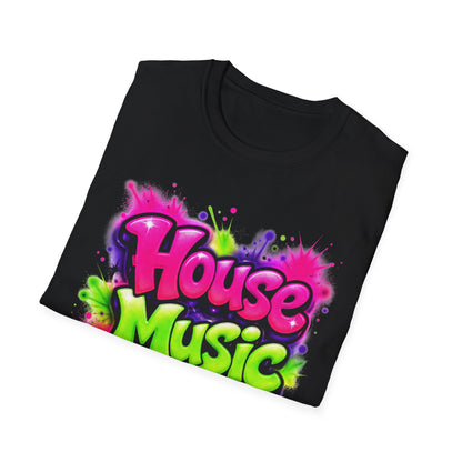 Black t-shirt with 'House Music' colorful design on a white background