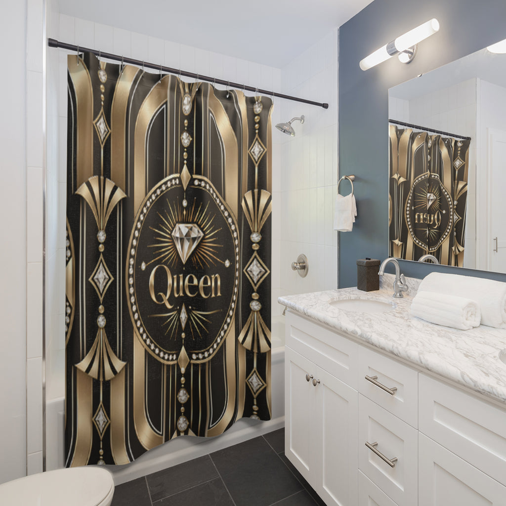 Queen Diamond Art Deco Shower Curtain — Luxury Black & Gold Bathroom Decor