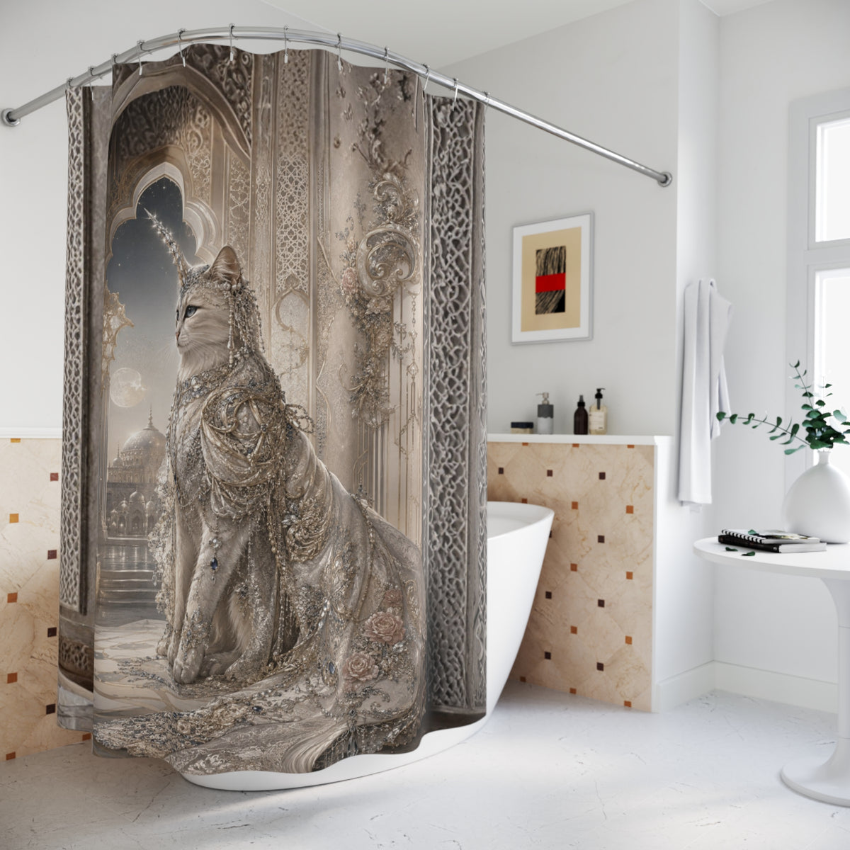 A bathroom scene with a shower curtain hanging from a curved rod. The curtain features a detailed fantasy-style illustration of a cat in ornate armor or filigree, set against an architectural background.