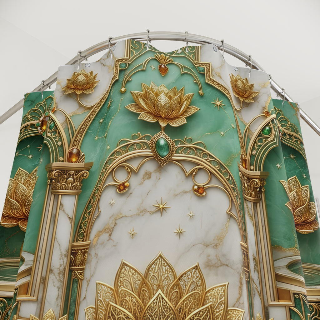 An ornate decorative shower curtain  featuring a central white marble-look arch with gold detailing, surrounded by teal panels with gold lotus motifs and small star accents.