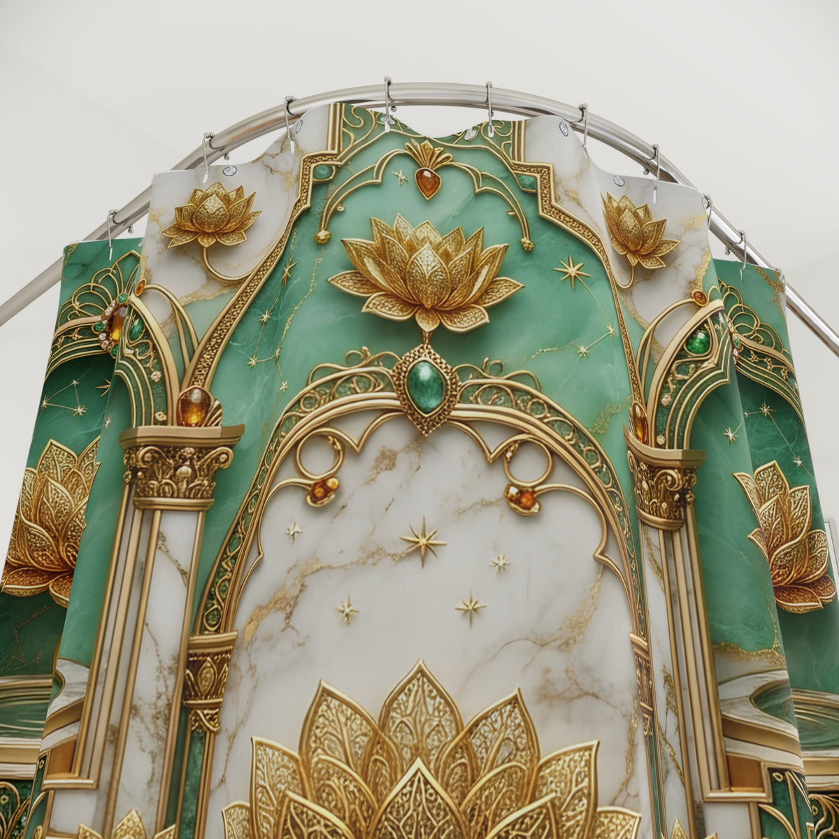 An ornate decorative shower curtain  featuring a central white marble-look arch with gold detailing, surrounded by teal panels with gold lotus motifs and small star accents.