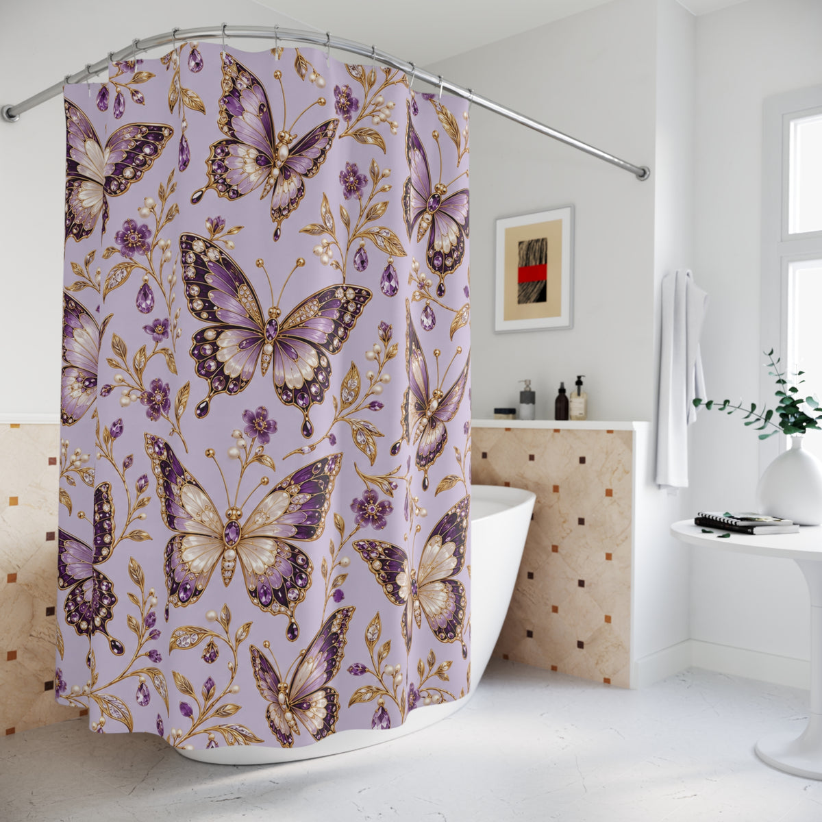 Lavender & Gold Decorative Butterfly Floral Shower Curtain