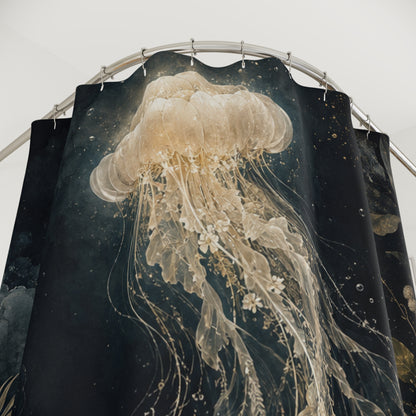 A shower curtain featuring a large, detailed illustration of a translucent beige jellyfish with delicate floral accents against a dark, starry background. The curtain is hanging from a silver metal rod with hooks.