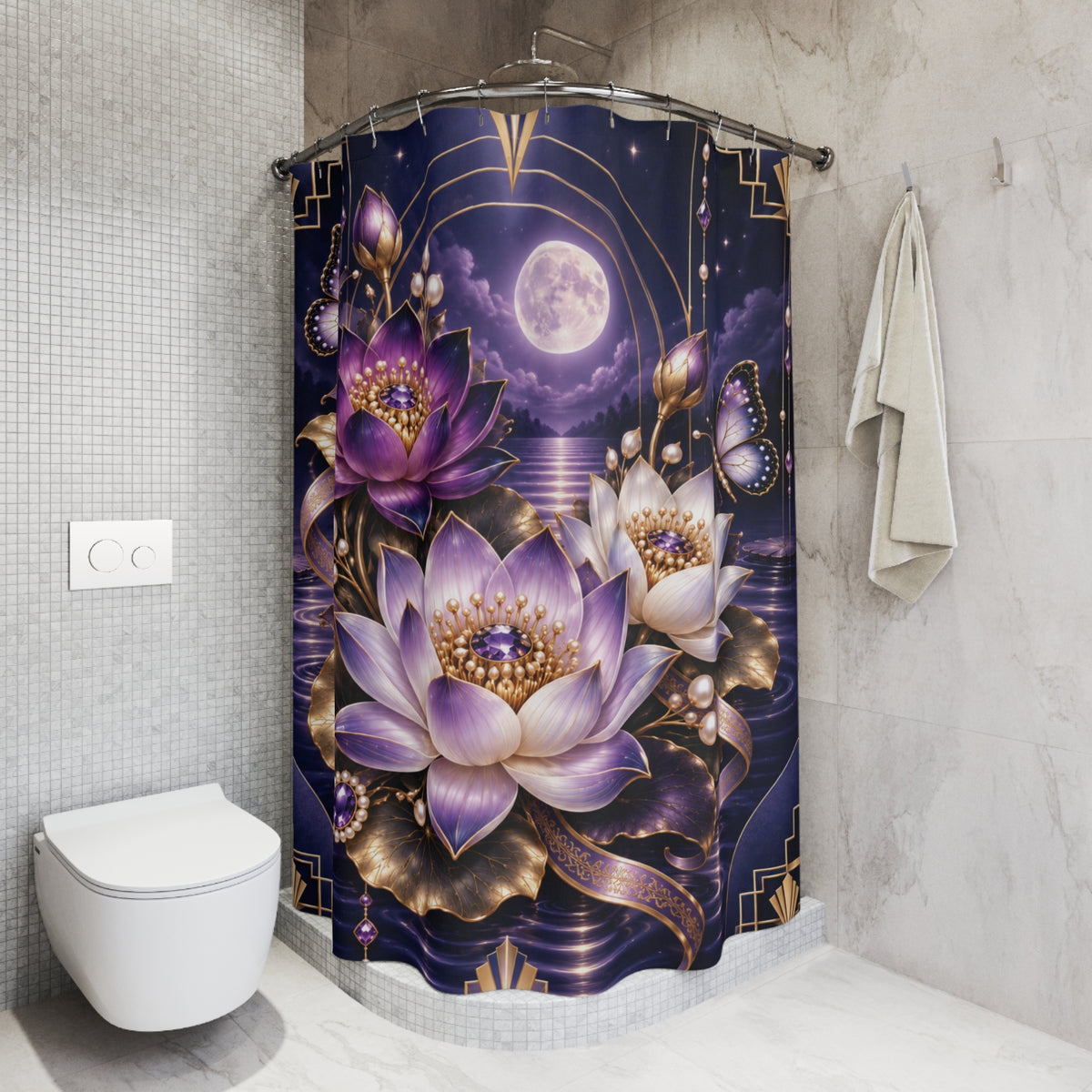 Moonlit Lotus Shower Curtain — Purple Floral, Mystical Moonbath Bathroom Decor