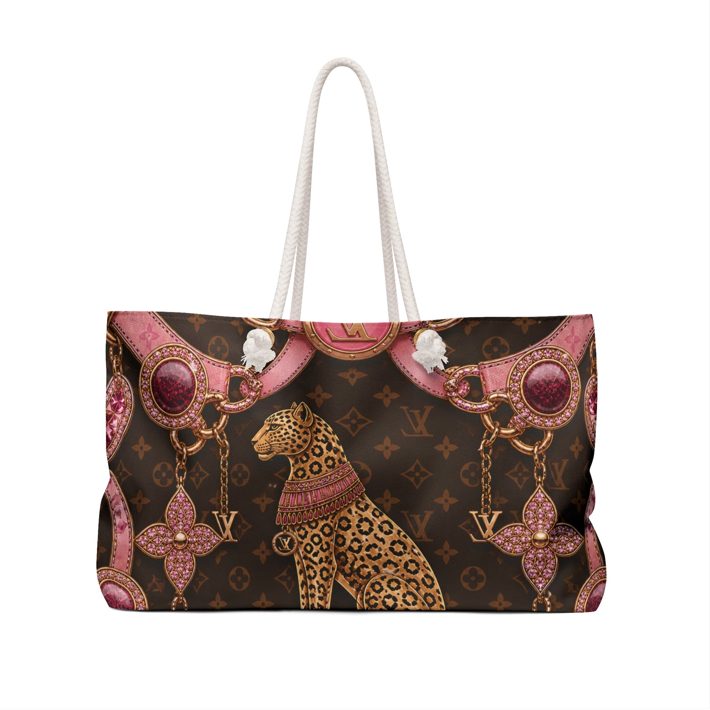 Luxury Leopard Print Weekender Bag – Brown Monogram Tote with Pink Jewel Chains
