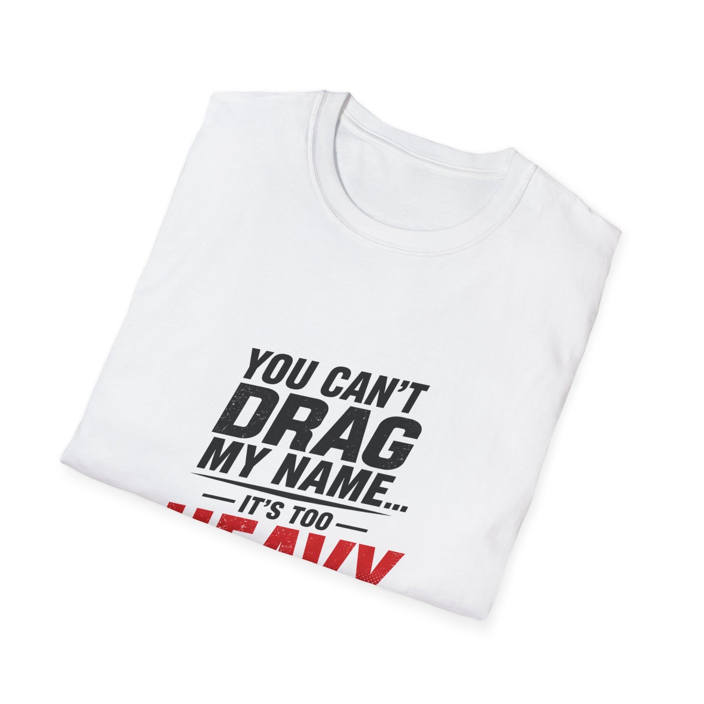 White t-shirt with black and red text on a white background
