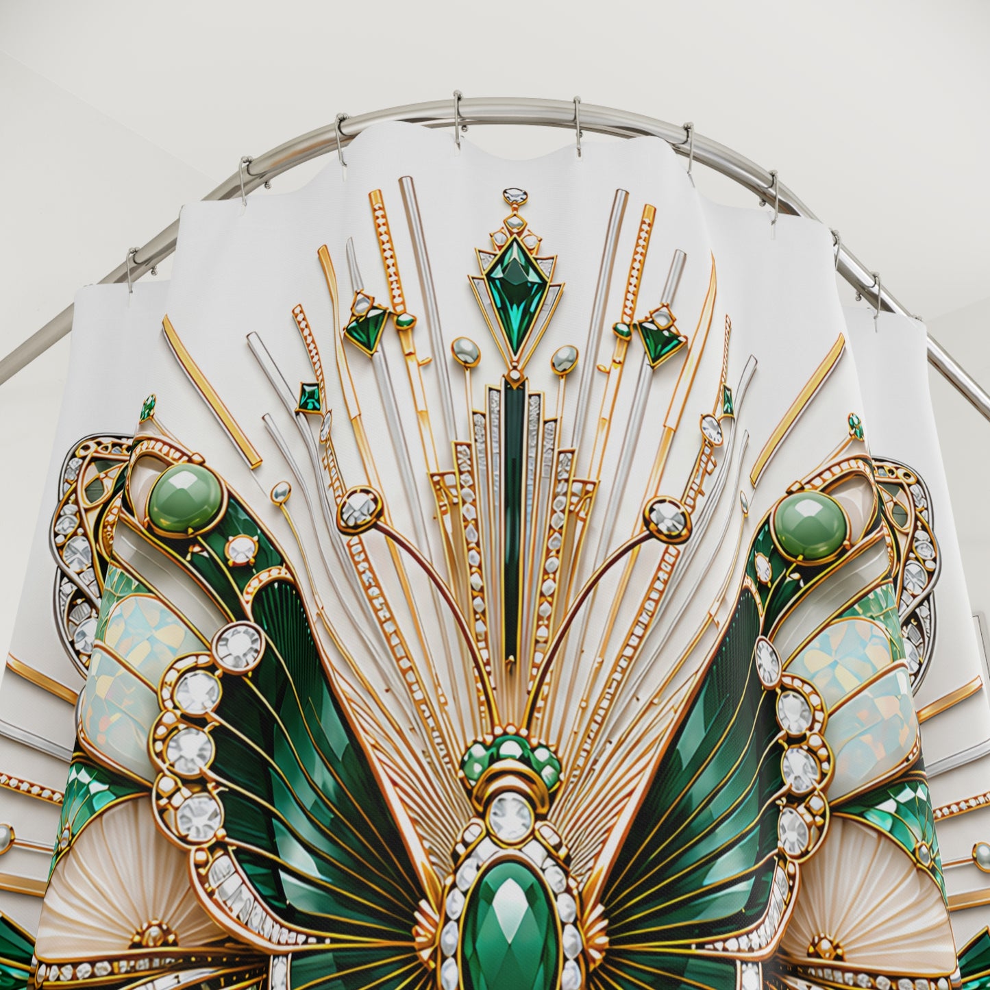An ornate Art Deco style  decorative shower curtain featuring symmetrical green and gold elements, fan-shaped panels, and large gemstone motifs on a white background.