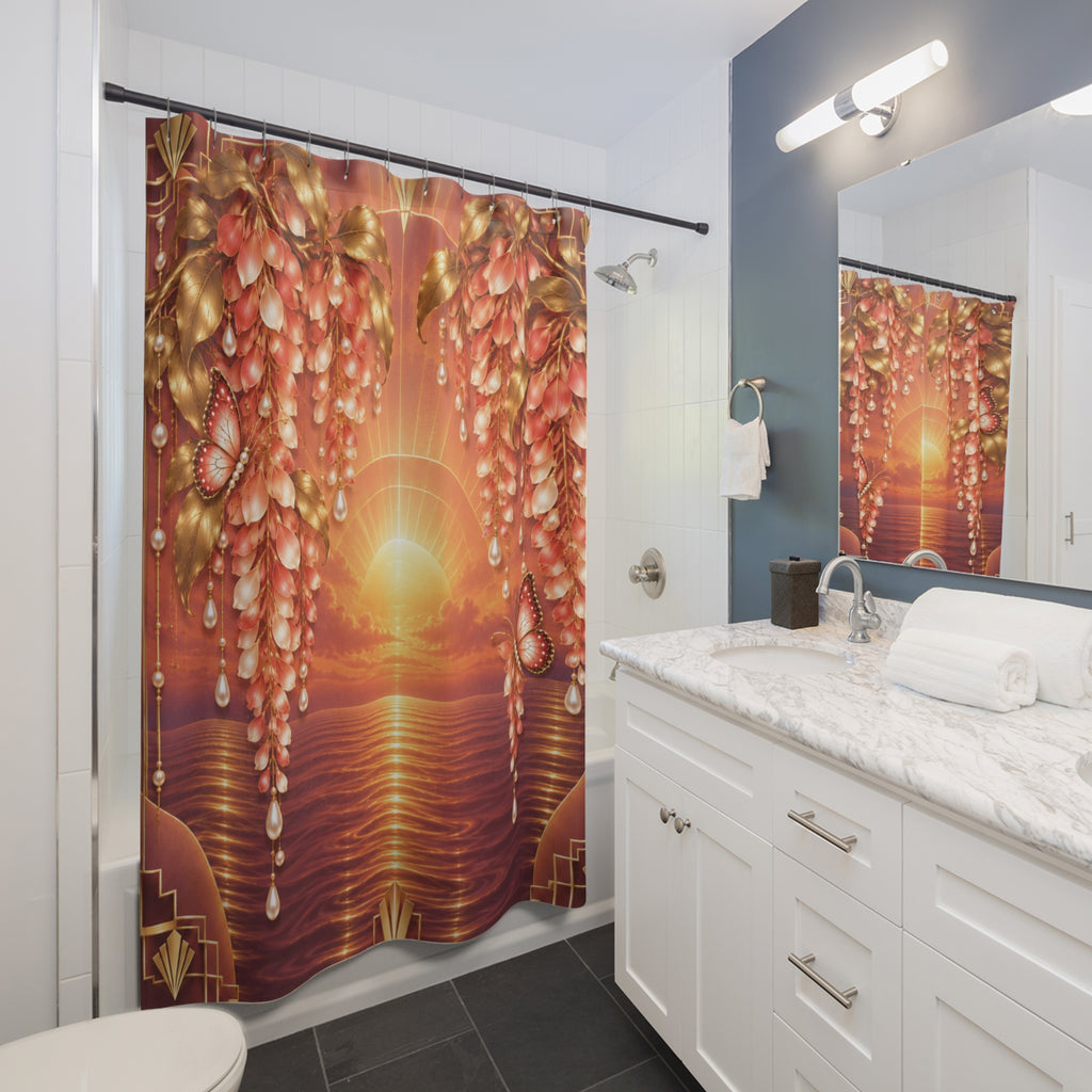Sunset Pearl Floral Shower Curtain — Romantic Coastal Sunset Bathroom Decor