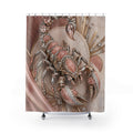 A shower curtain featuring a large, ornate scorpion design in metallic rose gold, pink, and silver tones with gemstone-like details, shown hanging from silver hooks on a white background.