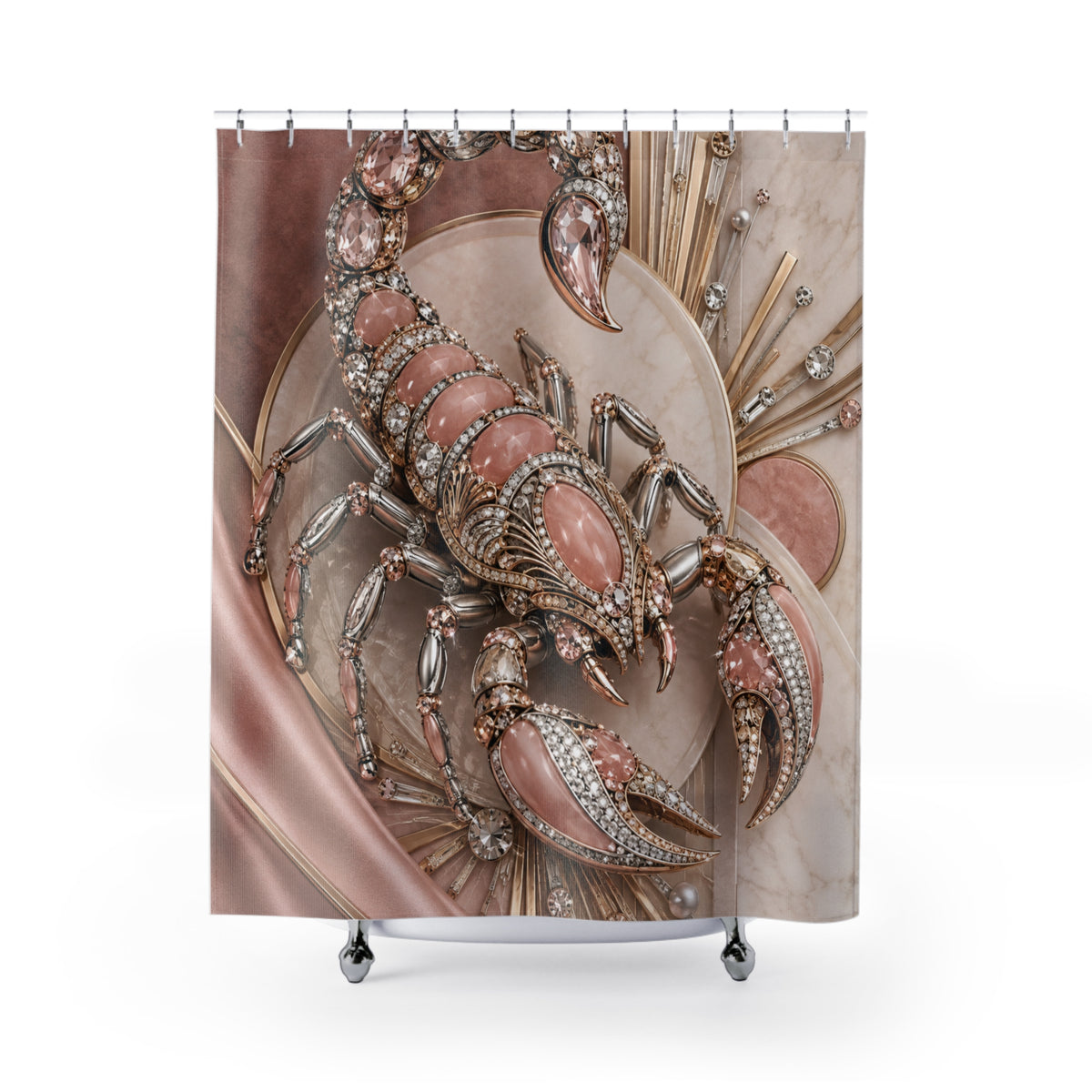 A shower curtain featuring a large, ornate scorpion design in metallic rose gold, pink, and silver tones with gemstone-like details, shown hanging from silver hooks on a white background.