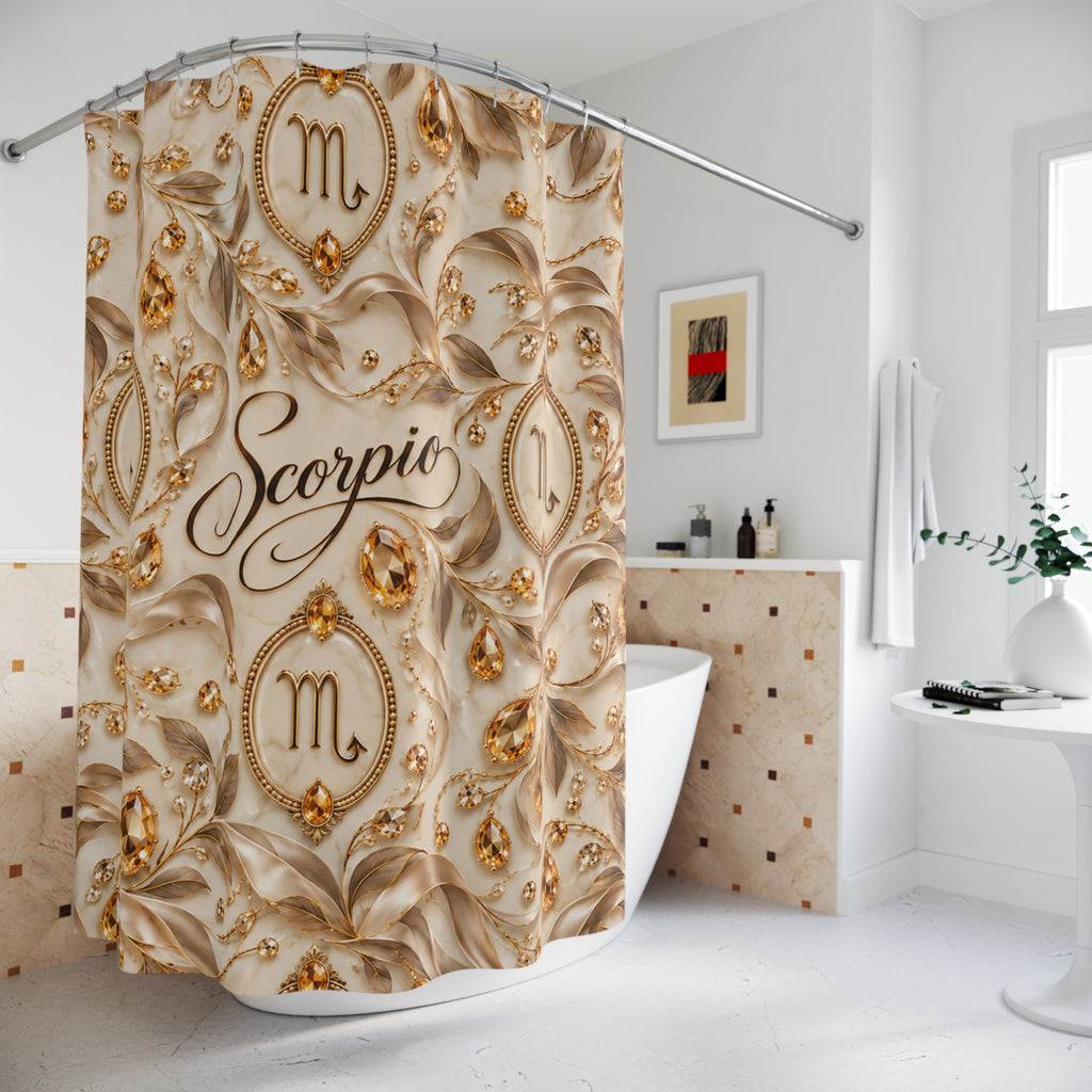 A luxury shower curtain featuring a Scorpio zodiac design with gold filigree, gem motifs, and the word 'Scorpio' in script, hanging in a bright, modern bathroom.