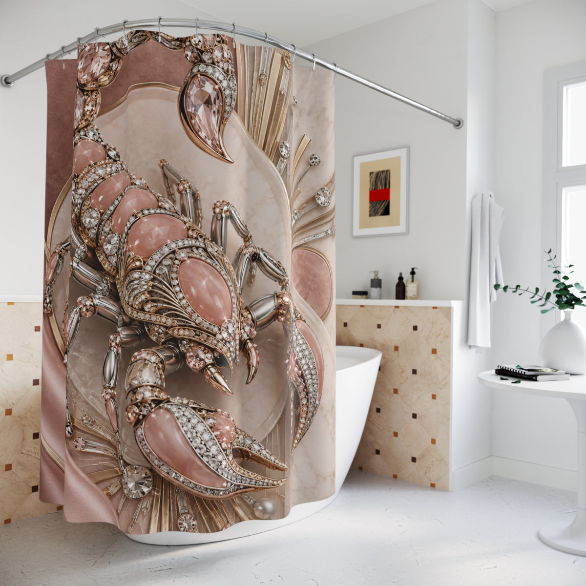 A luxury shower curtain featuring a large, detailed graphic of a scorpion encrusted with diamonds, shown hanging in a modern, bright white bathroom.