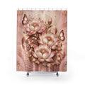 A shower curtain featuring an ornate floral design with pink and cream lotus flowers, butterflies, and pearl-like accents on a warm metallic rose-gold shower curtain. The curtain is shown hanging from silver rings over a white tub against a plain white studio background.