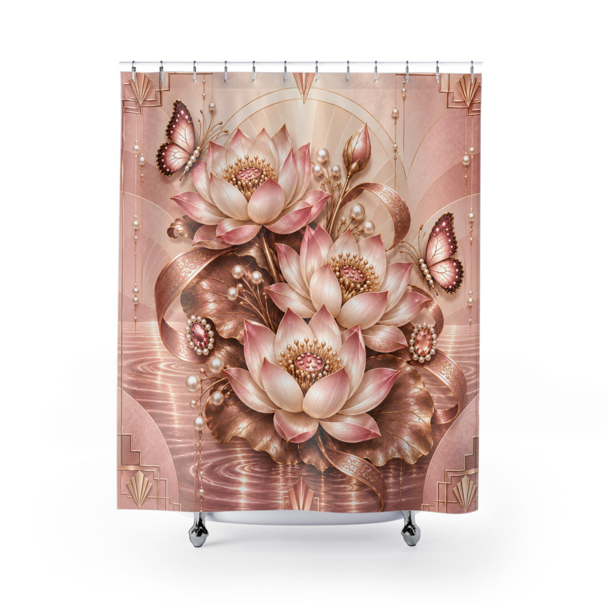 A shower curtain featuring an ornate floral design with pink and cream lotus flowers, butterflies, and pearl-like accents on a warm metallic rose-gold shower curtain. The curtain is shown hanging from silver rings over a white tub against a plain white studio background.