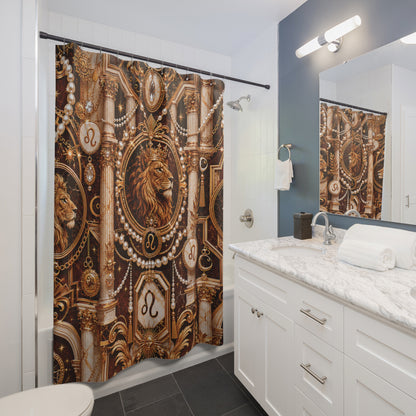 Bathroom with ornate shower curtain featuring a luxury Leo Zodiac design.
