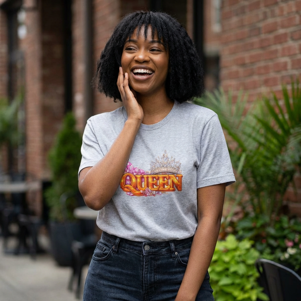 Woman wearing a 'QUEEN' t-shirt with floral design, standing outdoors.