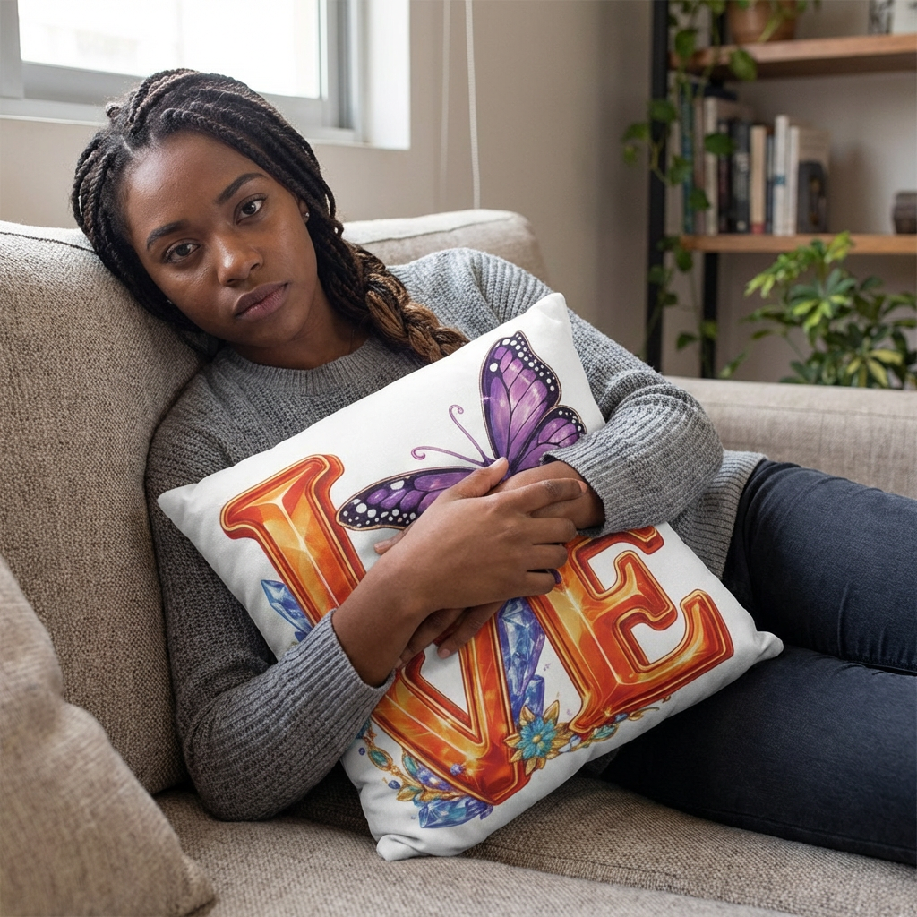 Woman holding a pillow with 'LOVE' and butterfly design in a living room.
