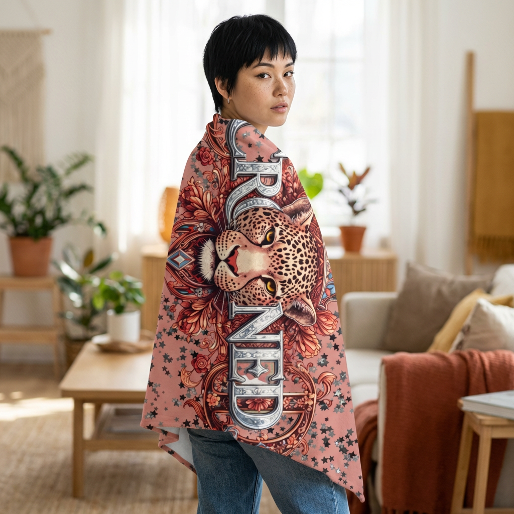 Person wearing a colorful throw blanket with a leopard design in a living room.