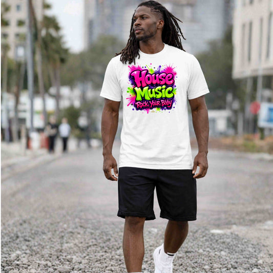 Man wearing a white t-shirt with 'House Music' text walking on a street.