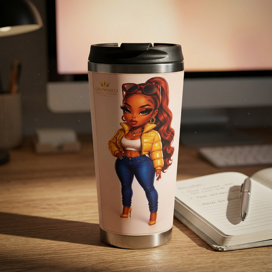 Mug with Sassy Diva on desk with notebook and pen with a small lamp, and monitor