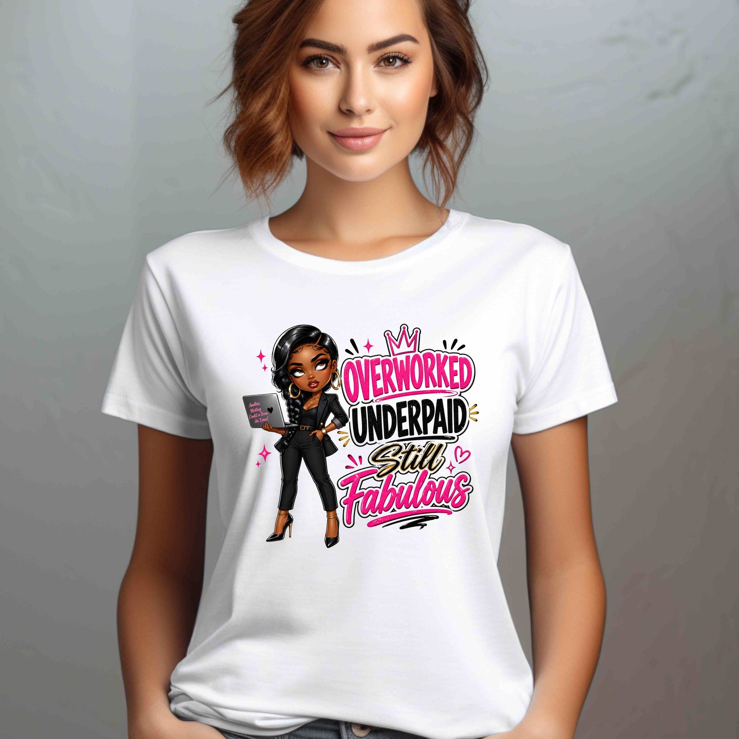 Woman wearing a white t-shirt with a graphic design and text.