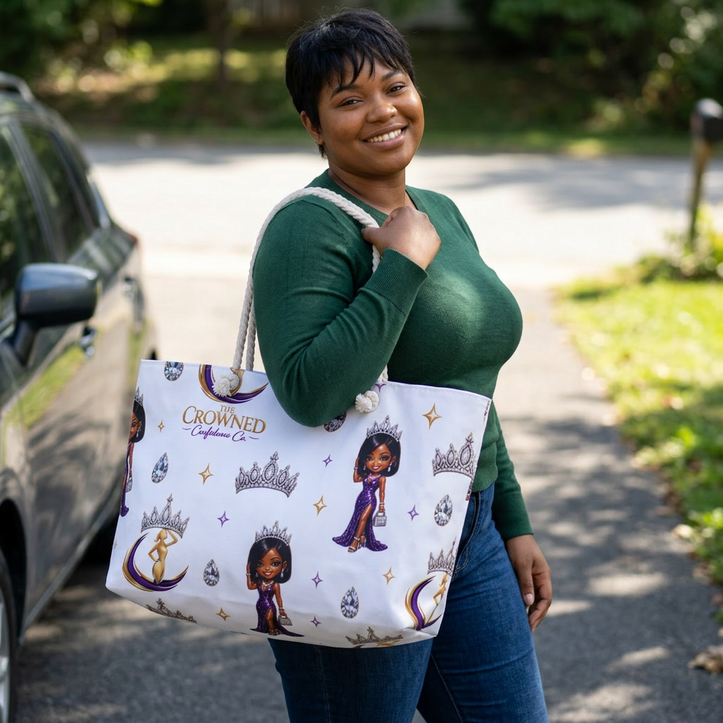 Woman holding a large tote bag with 'Crowned' designs outdoors.