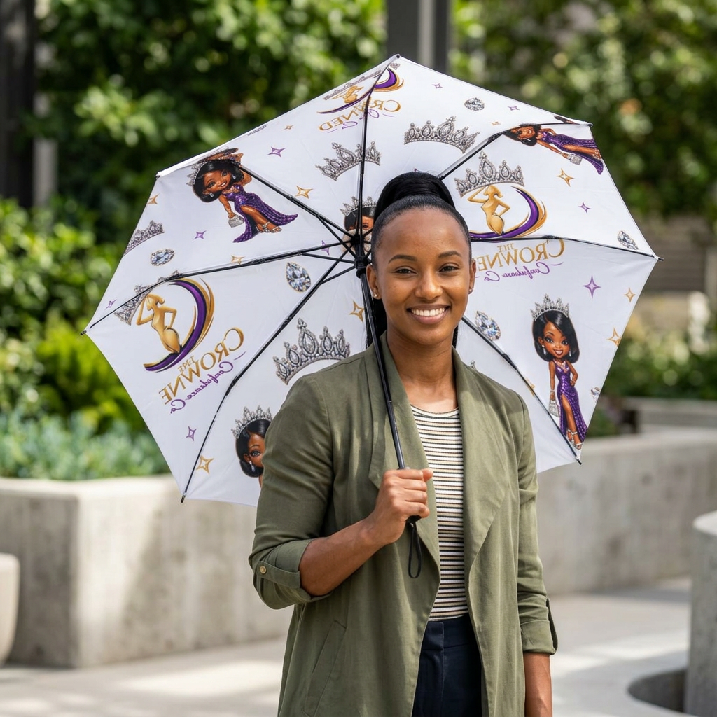 Woman holding a decorative umbrella with cartoon characters and text.