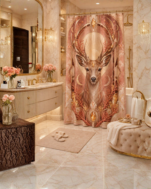 A luxury bathroom with beige marble walls and floors, featuring a large decorative shower curtain with a detailed deer portrait in warm pink, gold, and brown tones. The room includes a vanity with pink flowers, a tufted bench, and a bath mat.