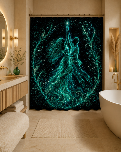 Celestial Dance Shower Curtain — Glowing Star Couple Bathroom Curtain
