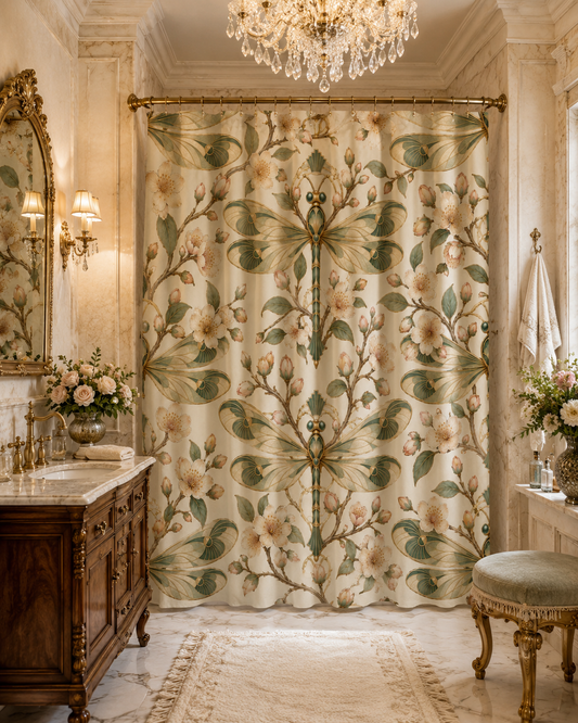 A luxurious bathroom scene featuring a large floral-patterned curtain in cream, beige, and green tones, hanging in a classic vanity area with a crystal chandelier, marble surfaces, and ornate wood furniture.