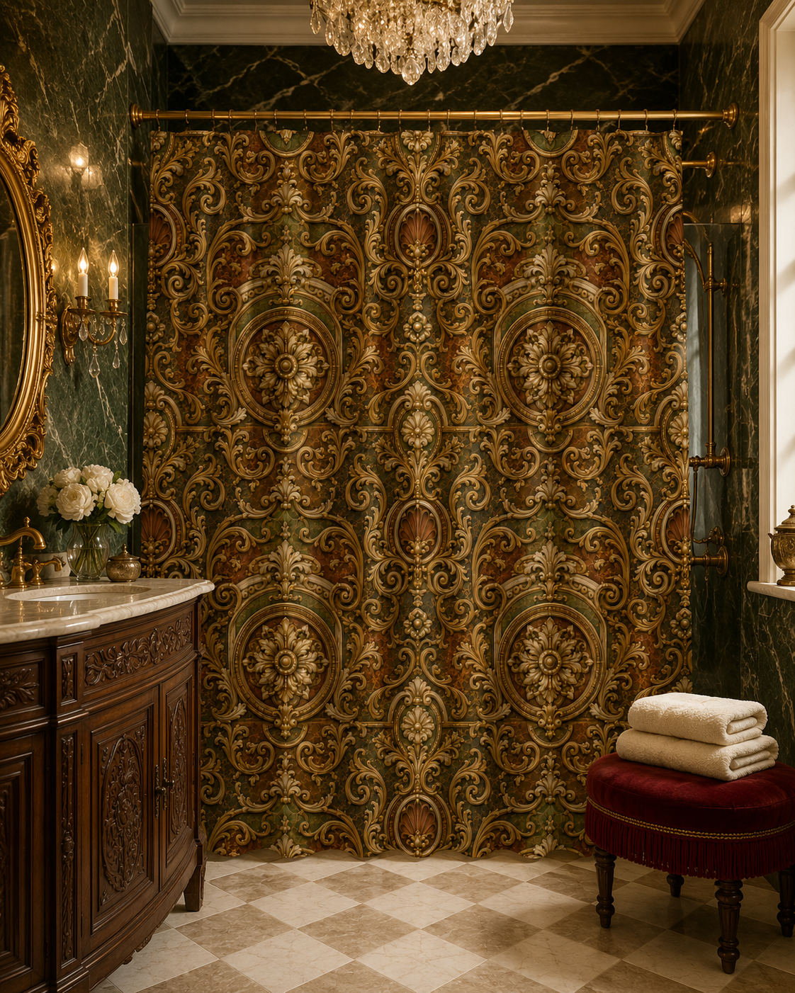 Moody luxury spa bathroom with black marble walls, warm brass accents, and an opulent gold Renaissance shower curtain.