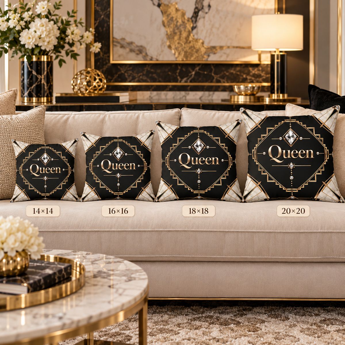 Queen Noir Luxe Art Deco Throw Pillow | Black, Gold & Marble Decorative Pillow