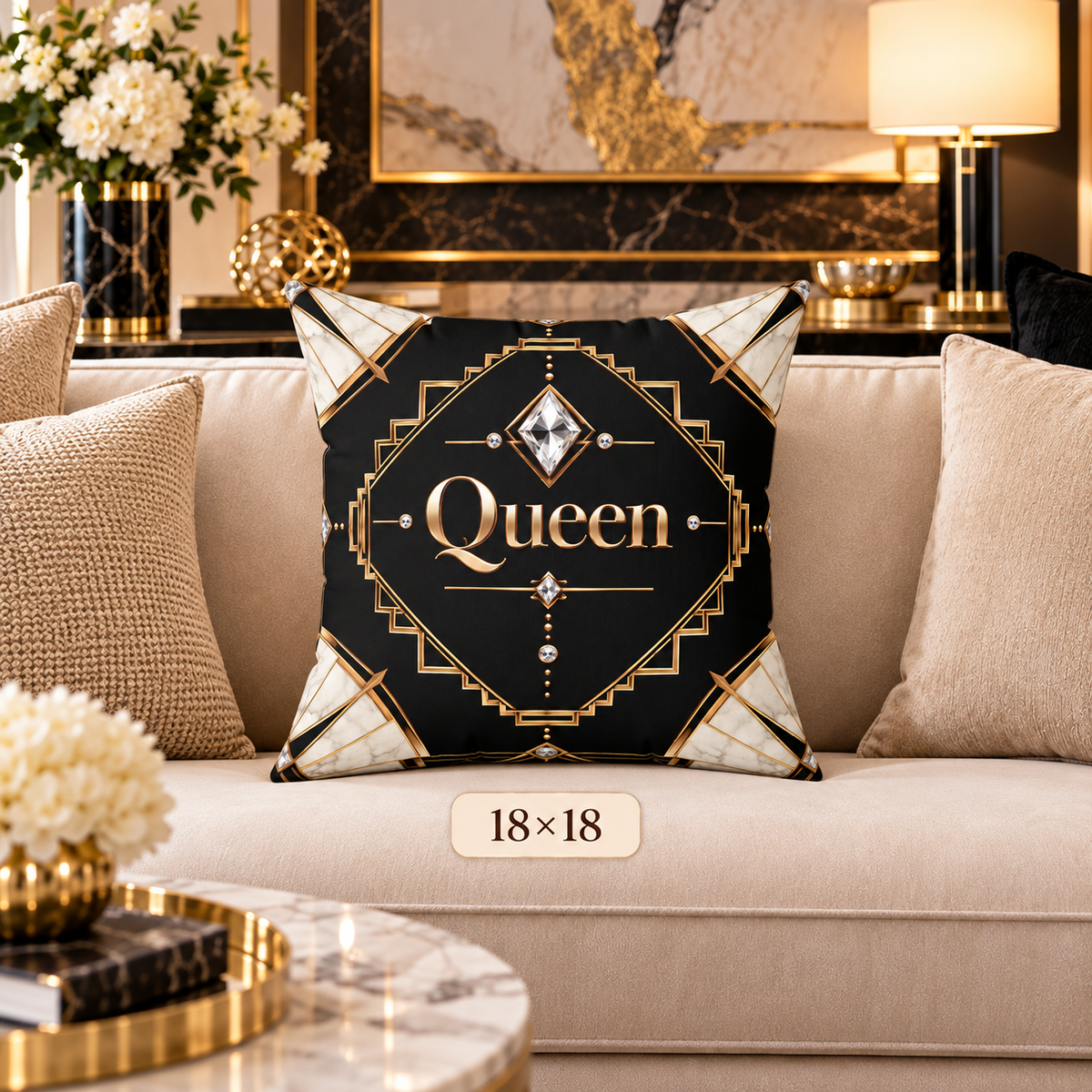 Queen Noir Luxe Art Deco Throw Pillow | Black, Gold & Marble Decorative Pillow