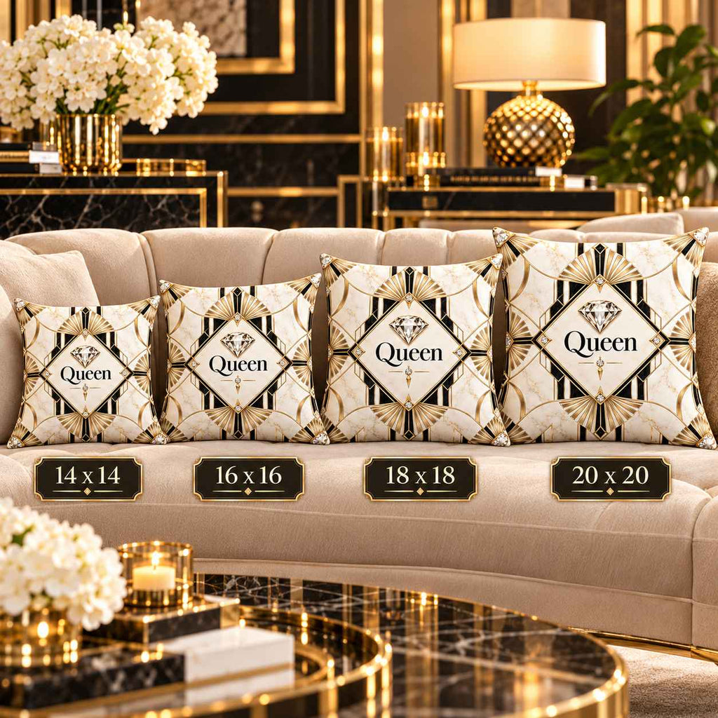 Four decorative throw pillows on a beige sofa in a luxurious gold-and-black living room. The pillows have a cream background with black and gold geometric patterns and the word 'Queen' in the center, with size labels '14 x 14', '16 x 16', '18 x 18', and '20 x 20' overlaid below them.