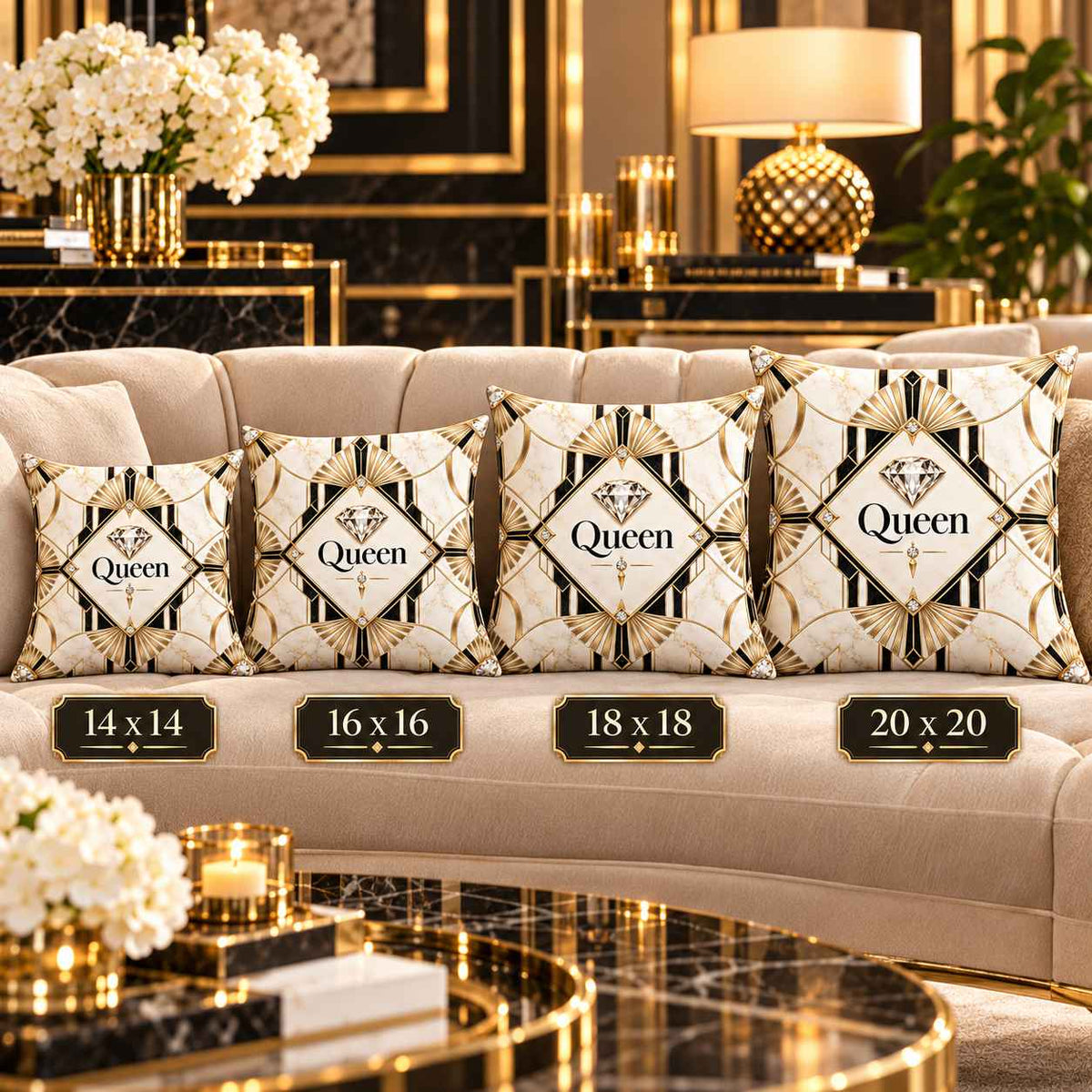 Four decorative throw pillows on a beige sofa in a luxurious gold-and-black living room. The pillows have a cream background with black and gold geometric patterns and the word 'Queen' in the center, with size labels '14 x 14', '16 x 16', '18 x 18', and '20 x 20' overlaid below them.