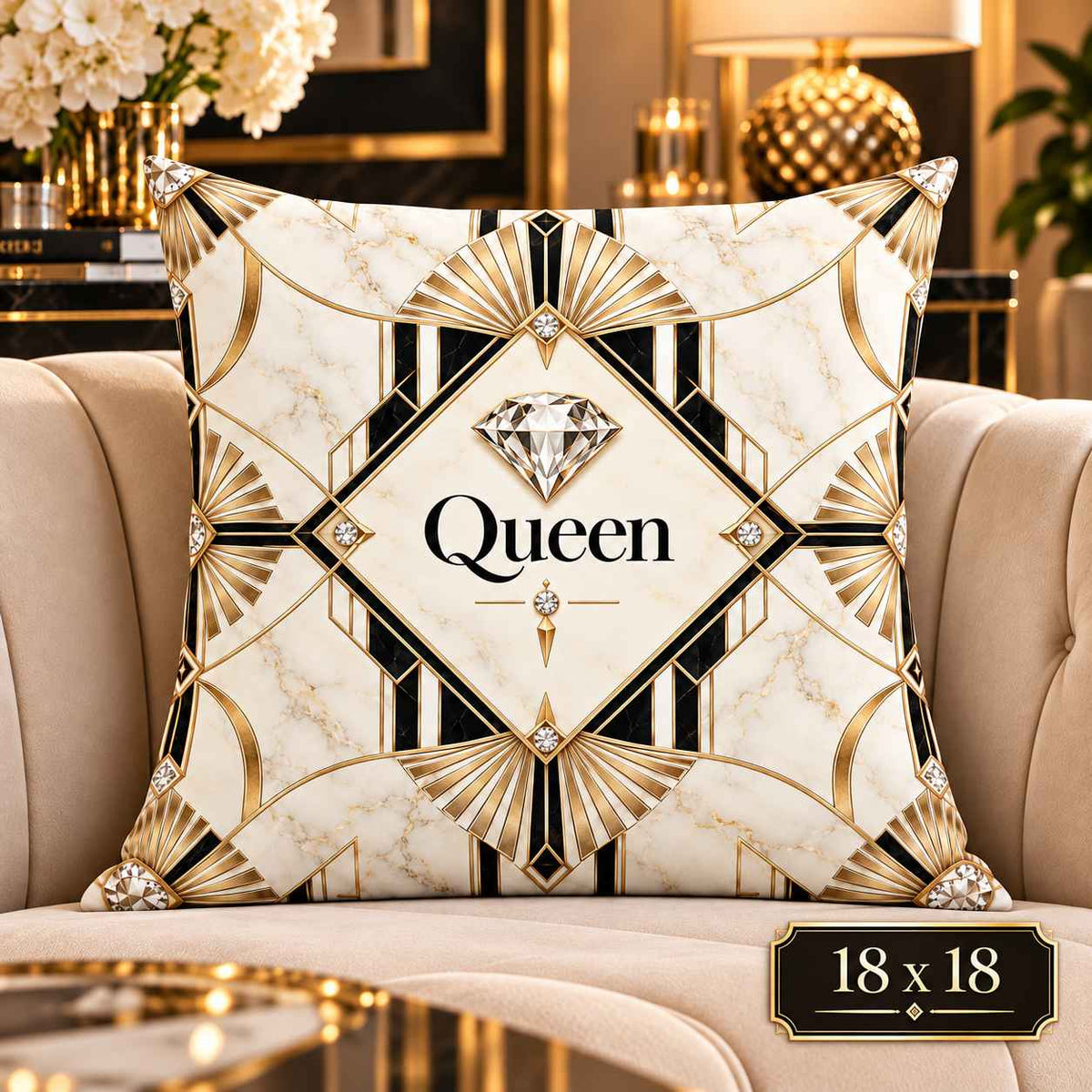 A square decorative throw pillow with an Art Deco style design in cream, black, and gold, featuring a central diamond graphic and the word 'Queen' printed in the middle. The pillow is displayed on a beige armchair in a luxurious, high-end living room setting with gold furniture and lamps.