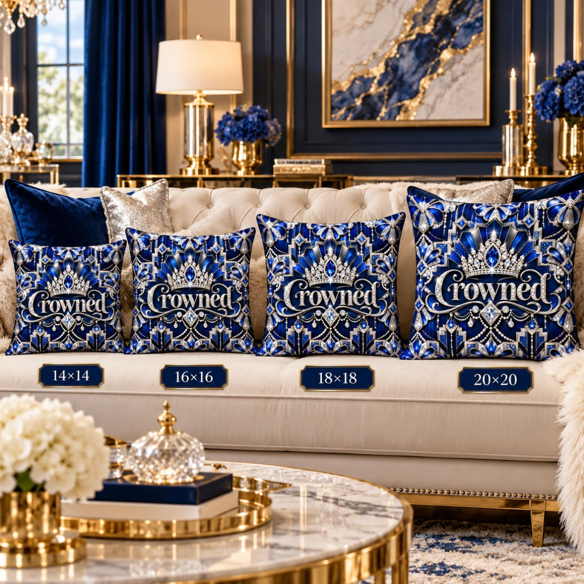 Crowned Sapphire Luxe Throw Pillow | Royal Blue, Silver & Crystal Art Deco Pillow