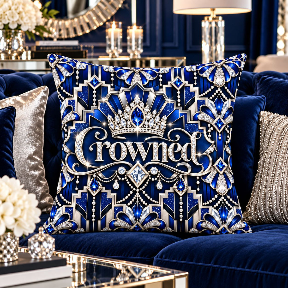 Crowned Sapphire Luxe Throw Pillow | Royal Blue, Silver & Crystal Art Deco Pillow