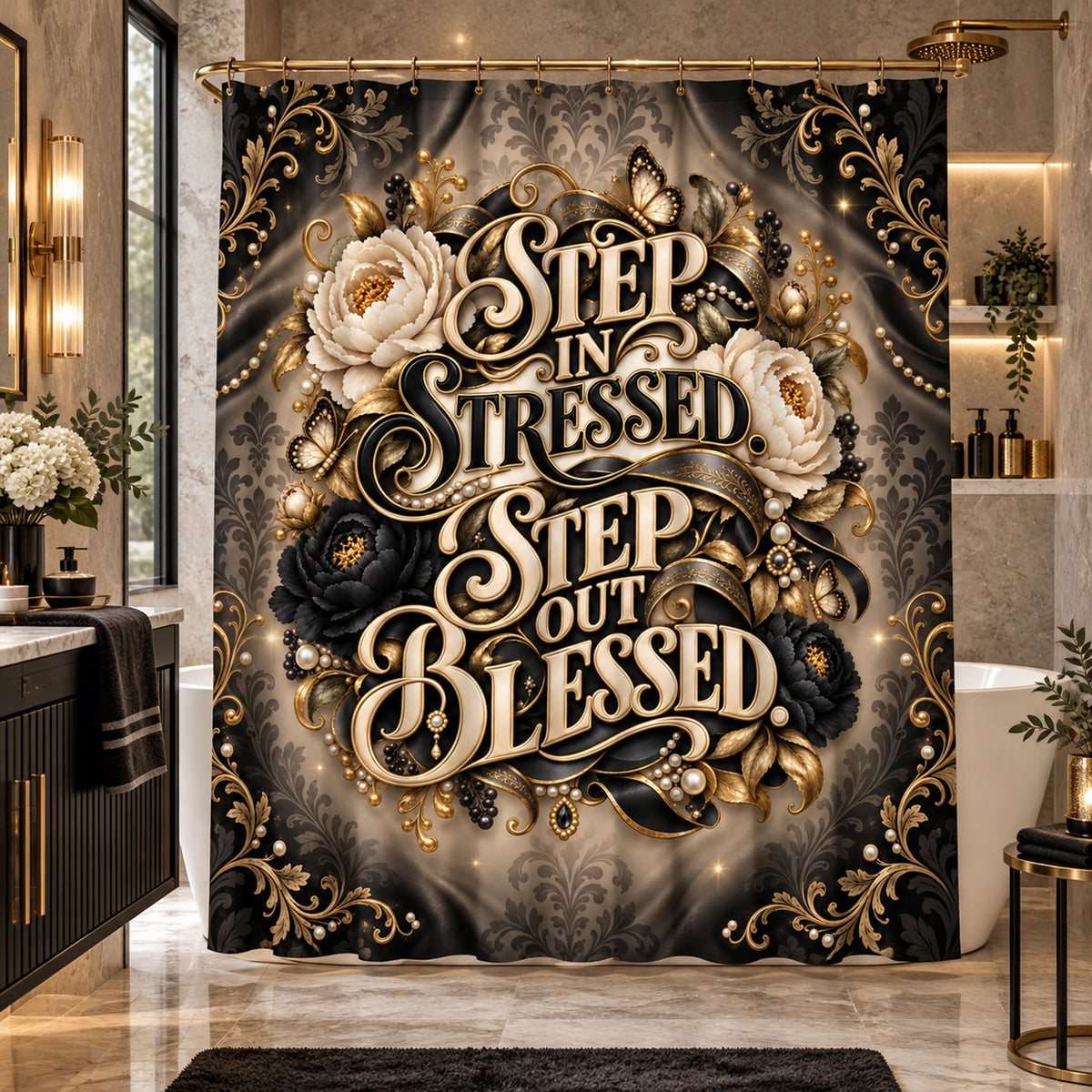 Step In Stressed Step Out Blessed  Inspirational Floral  —Shower Curtain Bath Decor