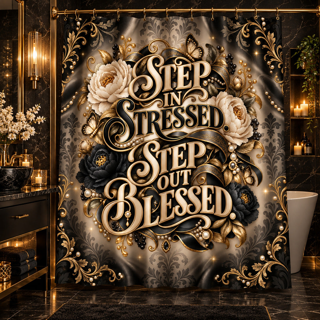 Step In Stressed Step Out Blessed  Inspirational Floral  —Shower Curtain Bath Decor