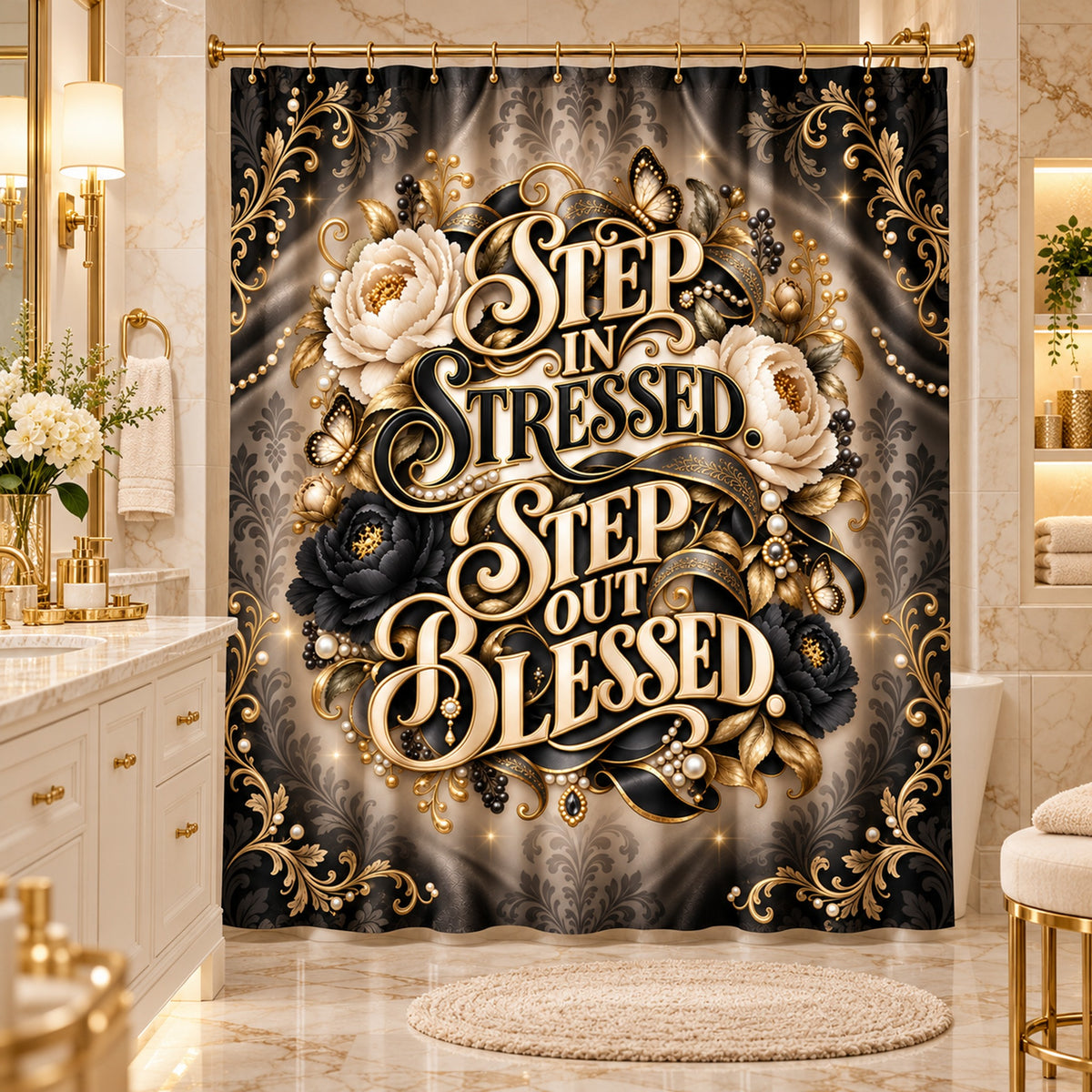 Step In Stressed Step Out Blessed  Inspirational Floral  —Shower Curtain Bath Decor