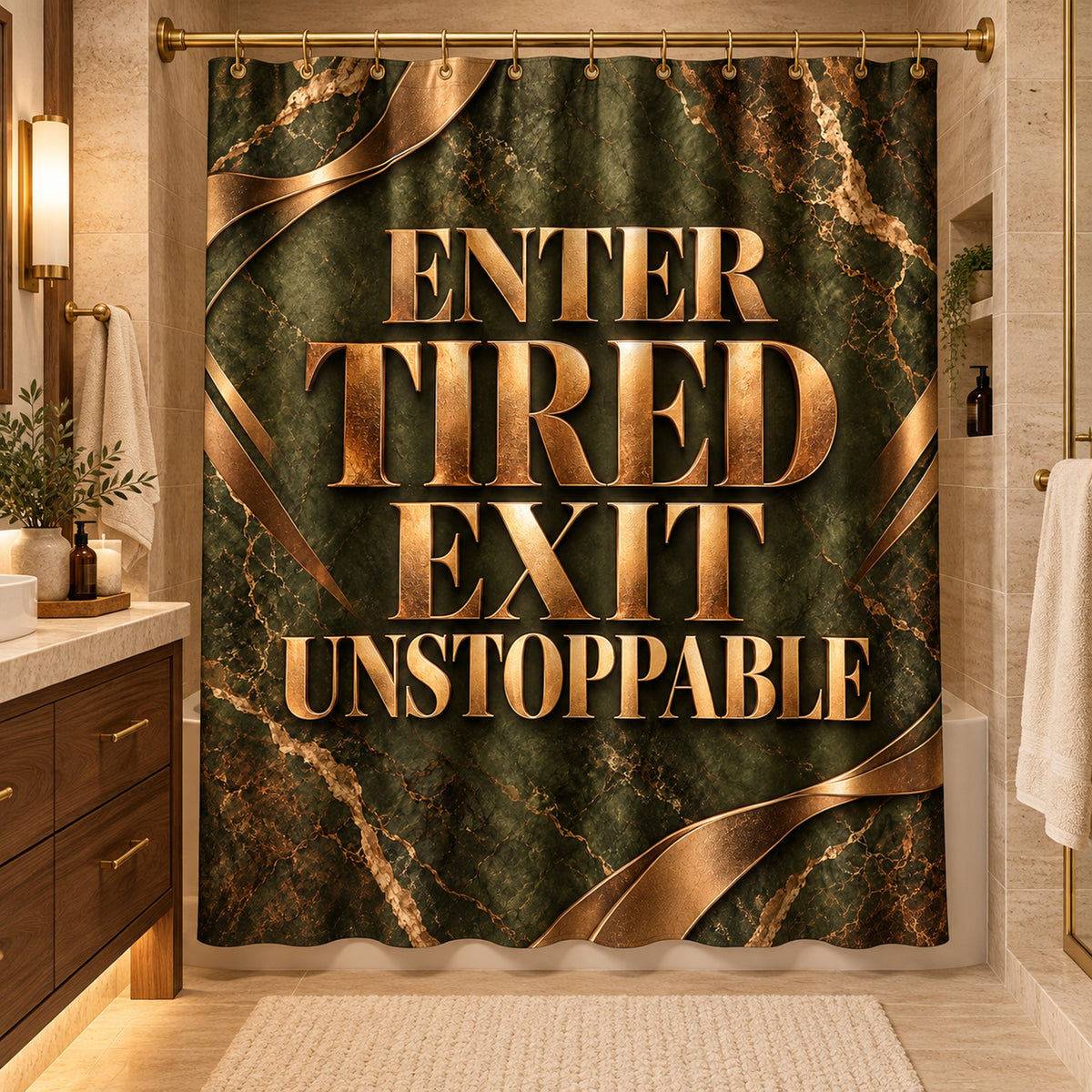 Step In Stressed Step Out Blessed Luxury Shower Curtain – Black Gold Floral Bathroom Decor